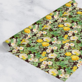 Cadeau Papier d'emballage Fleur de Rose Jaune Vintage sur
