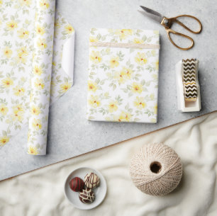 Cadeau Papier d'emballage floral jaune, Fleurs aquarelles