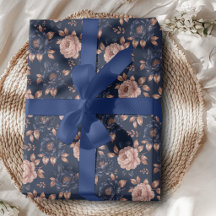Papier d'emballage floral or rose et marine