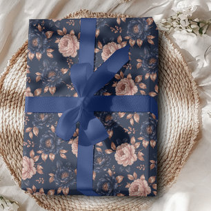 Cadeau Papier d'emballage floral or rose et marine