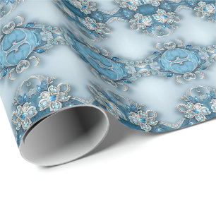 Cadeau Papier d'emballage floral orné bleu