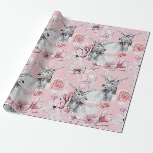 Cadeau Papier d'emballage floral paonies roses gris cerf