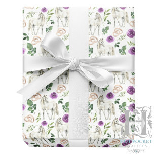 Cadeau Papier d'emballage floral pourpre rustique équestr