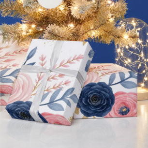 Cadeau Papier d'emballage floral rose poudré et bleu mari