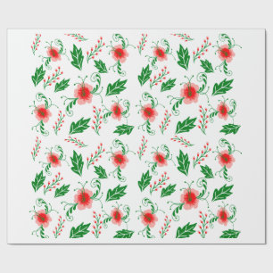 Cadeau Papier d'emballage floral rouge festif et feuillag