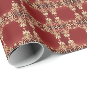 Cadeau Papier d'emballage floral rouge or moderne