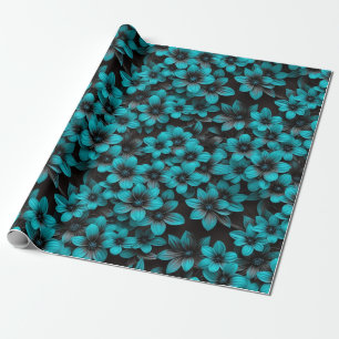 Cadeau Papier d'emballage floral sarcelle sur fond noir