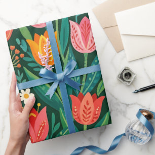 Cadeau Papier d'emballage folk abstrait tulipe papillon