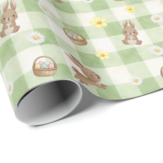 Cadeau Papier d'emballage Gingham vert de lapin de Pâques (Coin rond)