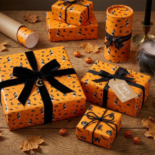 Cadeau Papier d'emballage Halloween orange avec sorcières