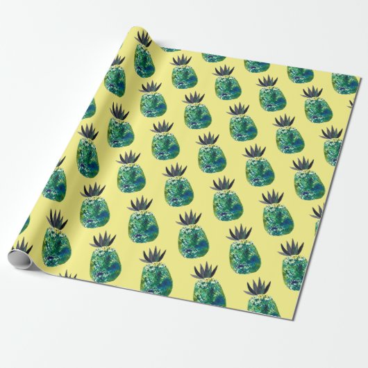 Cadeau Papier d'emballage jaune à ananas tropical (Déroulé)