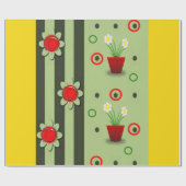 Cadeau papier d'emballage jaune vert à pots de fleurs rou (Plat)