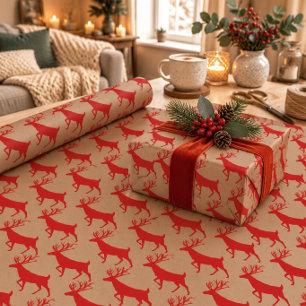 Cadeau Papier d'emballage Kraft Rustique Cerf Rouge