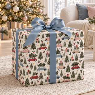 Cadeau Papier d'emballage Noël Vintage Cars & Trees