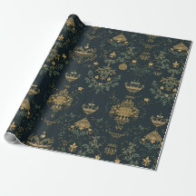 Papier d'emballage Ornement Doré Baroque Sombre