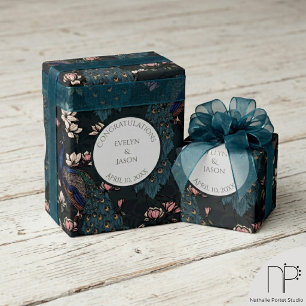 Cadeau Papier d'emballage Paons de fiançailles noir flora