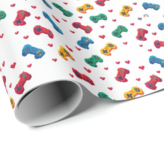Cadeau Papier d'emballage Pixel Hearts & Controllers - Jo (Coin rond)