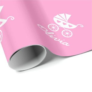 Cadeau Papier d'emballage rose avec chariot bébé mignon