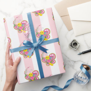 Cadeau Papier d'emballage rose et blanc rayé papillon
