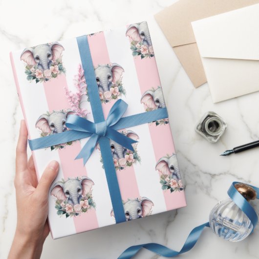 Cadeau Papier d'emballage Rose & Rayure Blanche Éléphant (Cadeaux)