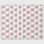 Cadeau Papier d'emballage Rose & Rayure Blanche Éléphant (Plat)