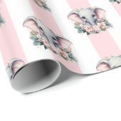 Cadeau Papier d'emballage Rose & Rayure Blanche Éléphant (Coin rond)