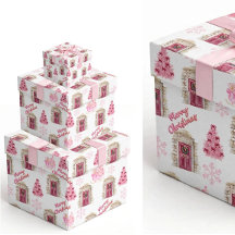 Papier d'emballage rose vintage village joyeux Noë