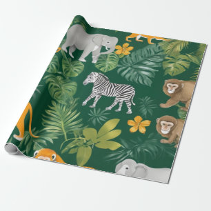 Cadeau Papier d'emballage safari Jungle avec fleurs dorée