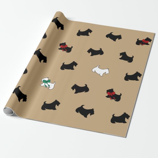 Cadeau Papier d'emballage Terrier Écossais Couleur Café (Déroulé)