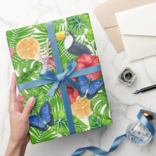 Cadeau Papier d'emballage Toucan et fleurs tropicales