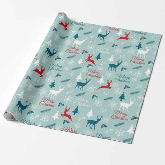 Cadeau Papier d'emballage turquoise avec des cerfs (Déroulé)