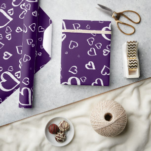 Cadeau Papier d'emballage violet avec coeurs blancs