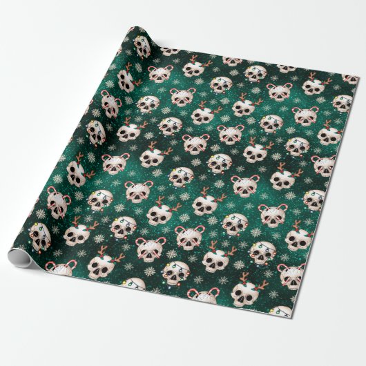 Cadeau Papier d'enveloppement crâne de Noël de Goth Vert (Déroulé)