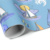 Cadeau Papier d'enveloppement de bateau à voile bleu (Coin rond)