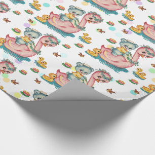Cadeau Papier d'enveloppement de cygne rose et d'ours ble