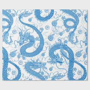 Cadeau Papier d'enveloppement de dragon oriental bleu