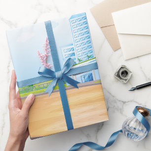 Cadeau Papier d'enveloppement de grand bâtiment bleu