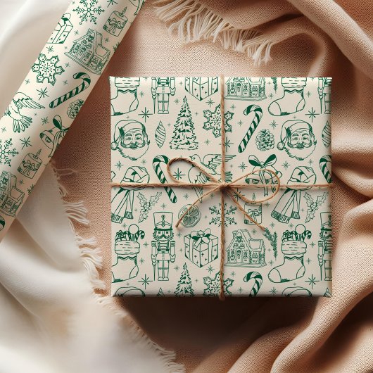 Cadeau Papier d'enveloppement de Noël à Doodle Vert migno