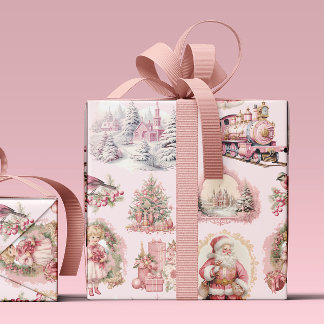 Cadeau Papier d'enveloppement de Noël victorien rose anti