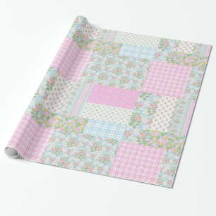 Cadeau Papier d'enveloppement Rose Faux Patchwork pour ch