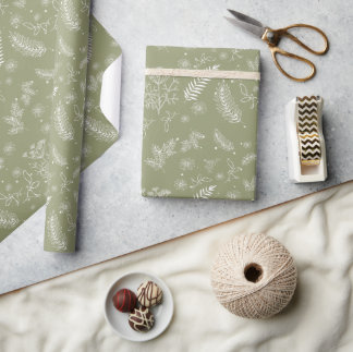 Cadeau Papier d'enveloppement végétal rustique vert olive