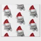Cadeau Papier enveloppant Chat gris de Noël avec chapeau  (Plat)
