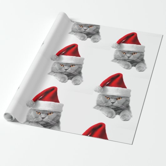 Cadeau Papier enveloppant Chat gris de Noël avec chapeau  (Déroulé)