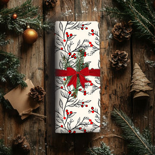 Cadeau Papier Enveloppant Noël Avec Baies D'Hiver Rouges