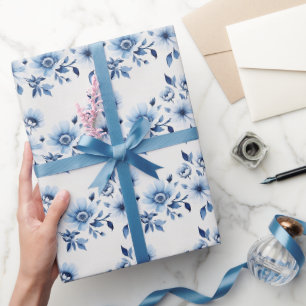 Cadeau Papier Floral Toile Bleu Blanc pour Mariage et Bab