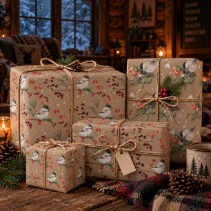 Cadeau Papier Kraft Rustique à Capuchon Noir Mésanges et