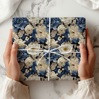 Cadeau Papier Luxe Fleurs Blanc Ivoire Bleu Premium Embal