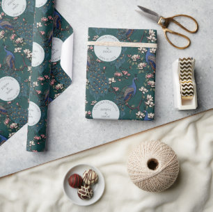 Cadeau Papier peint mariage paon et fleurs sarcelle botan