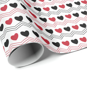 Cadeau Papier rayé Chevron à coeurs rouges et noirs pour