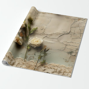 Cadeau Papier vieilli avec motif de fleurs rustiques blan